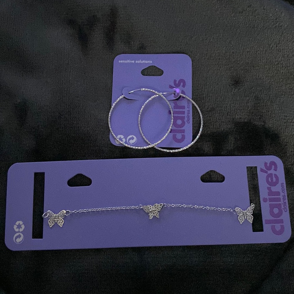 Claire's sensitive solutions silver hoops & butterfly necklace NWT